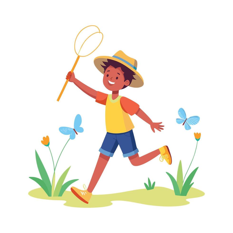 Excited Boy Running to Catch Butterflies in Garden vector