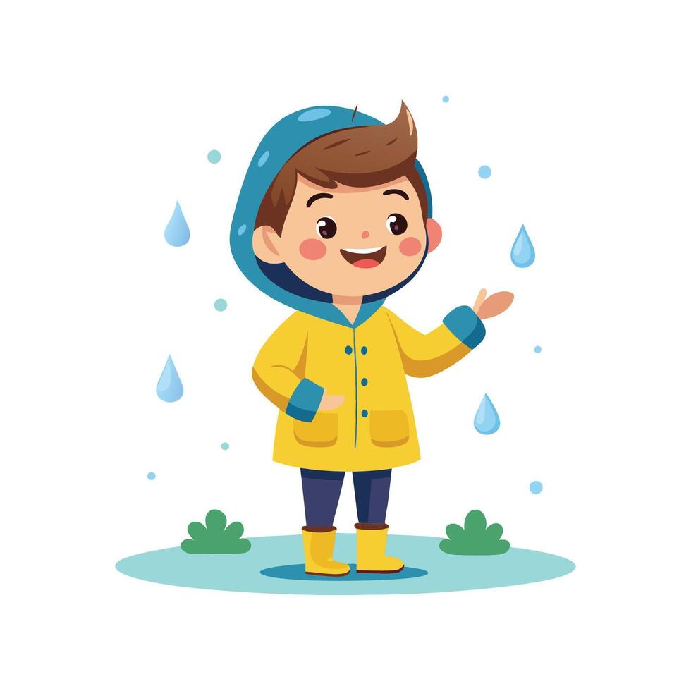 Joyful Boy in Action Catching Raindrops vector