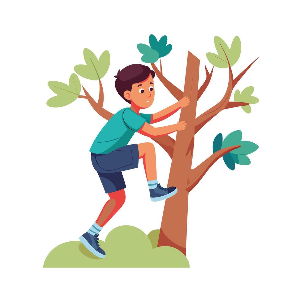 Boy Climbing Tree with Joy and Determination. vector