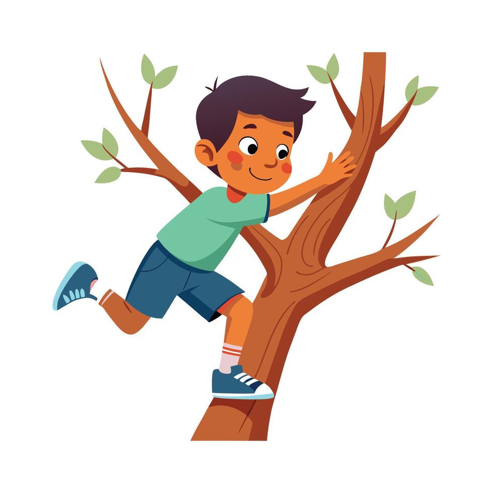 Boy Illustrating Climbing a Tree with Excitement vector