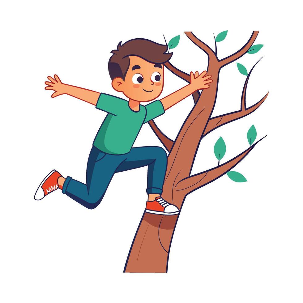 Boy Climbing Up Tree with Joyful Spirit vector