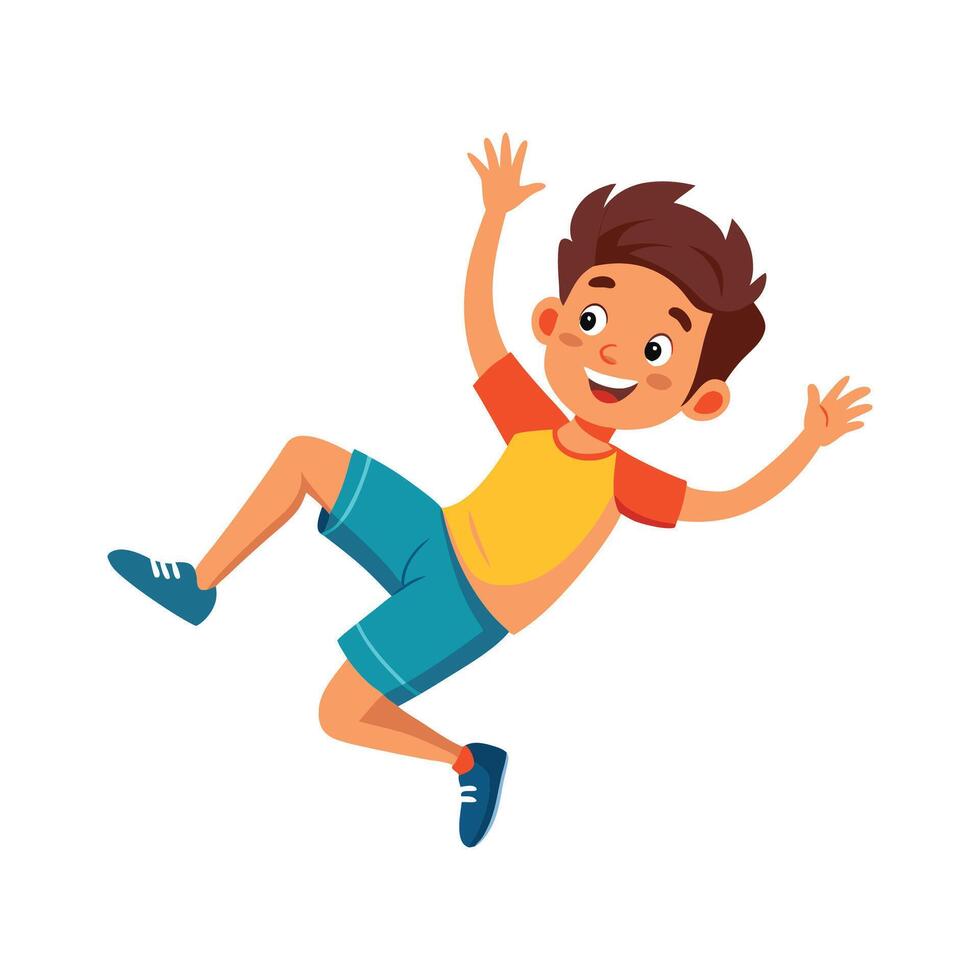 happy little boy jumping in air, cartoon illustration vector
