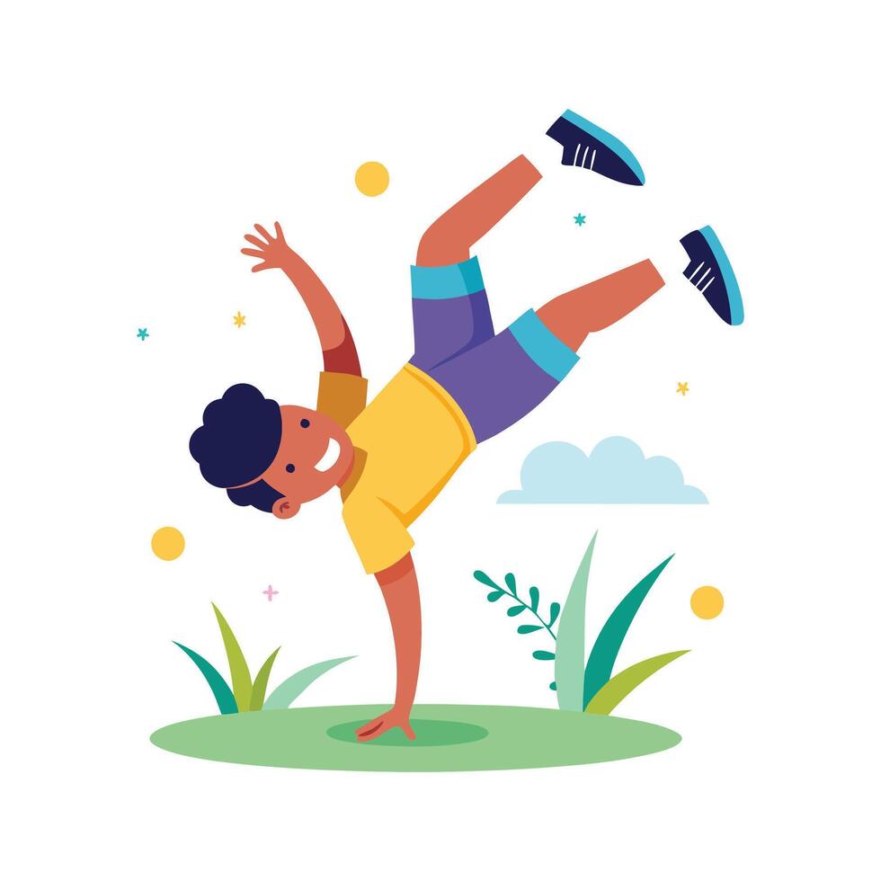 Boy Doing Cartwheel with Happy Smile vector
