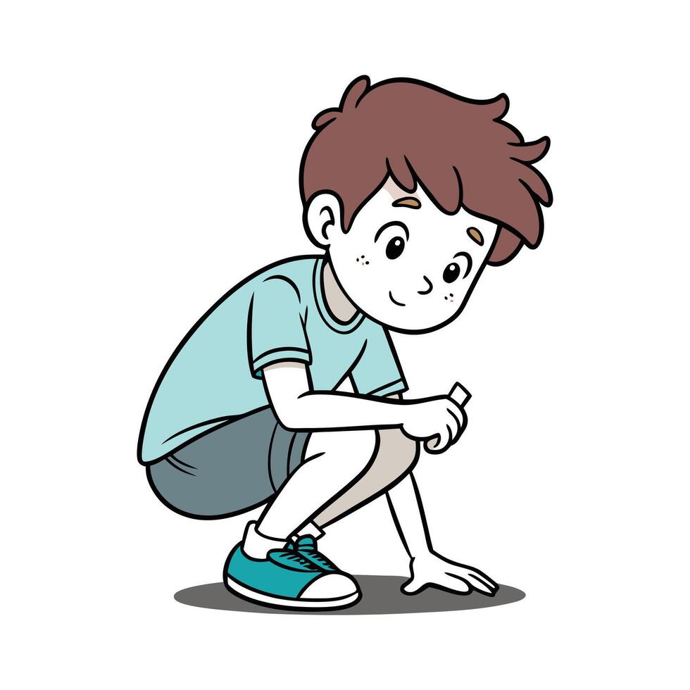 Joyful Boy Drawing with Chalk While Crouching vector