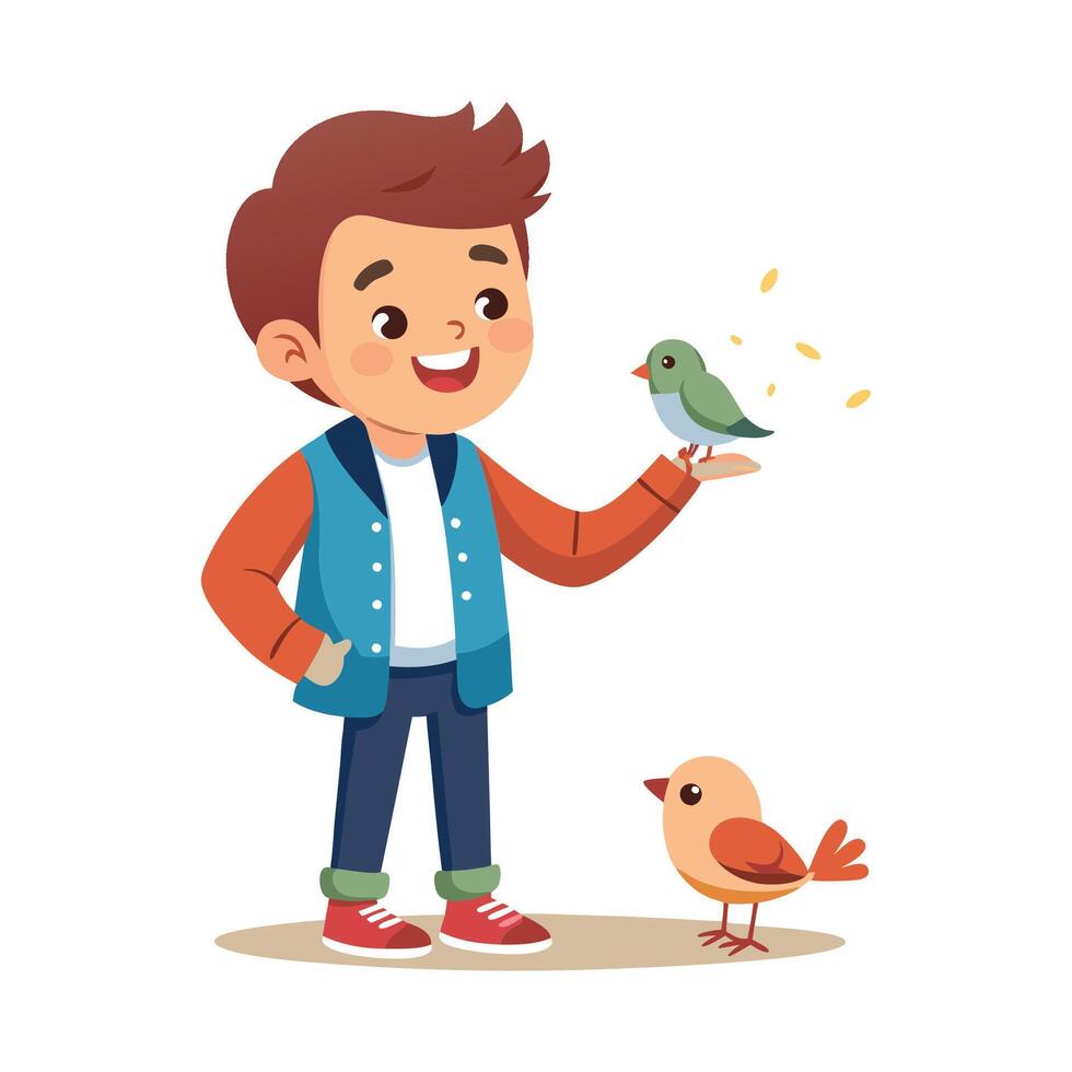 Illustration of Boy Feeding a Bird Happily vector