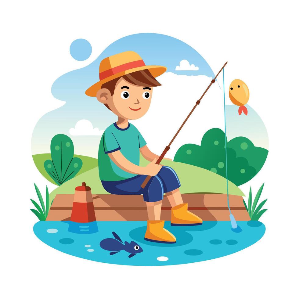 Boy Fishing at a Pond Relaxing Scene vector