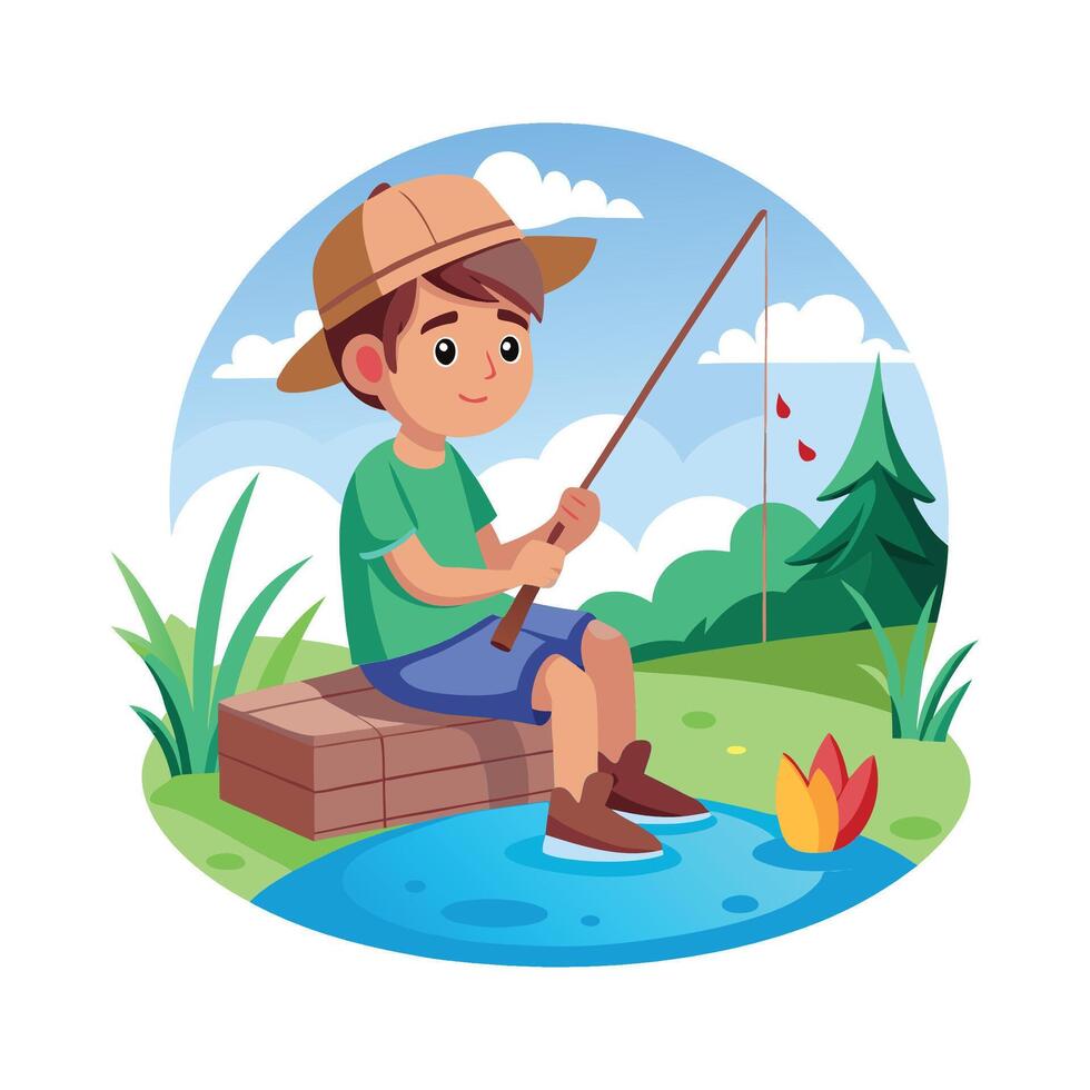 Child Enjoying Fishing at a Peaceful Pond vector