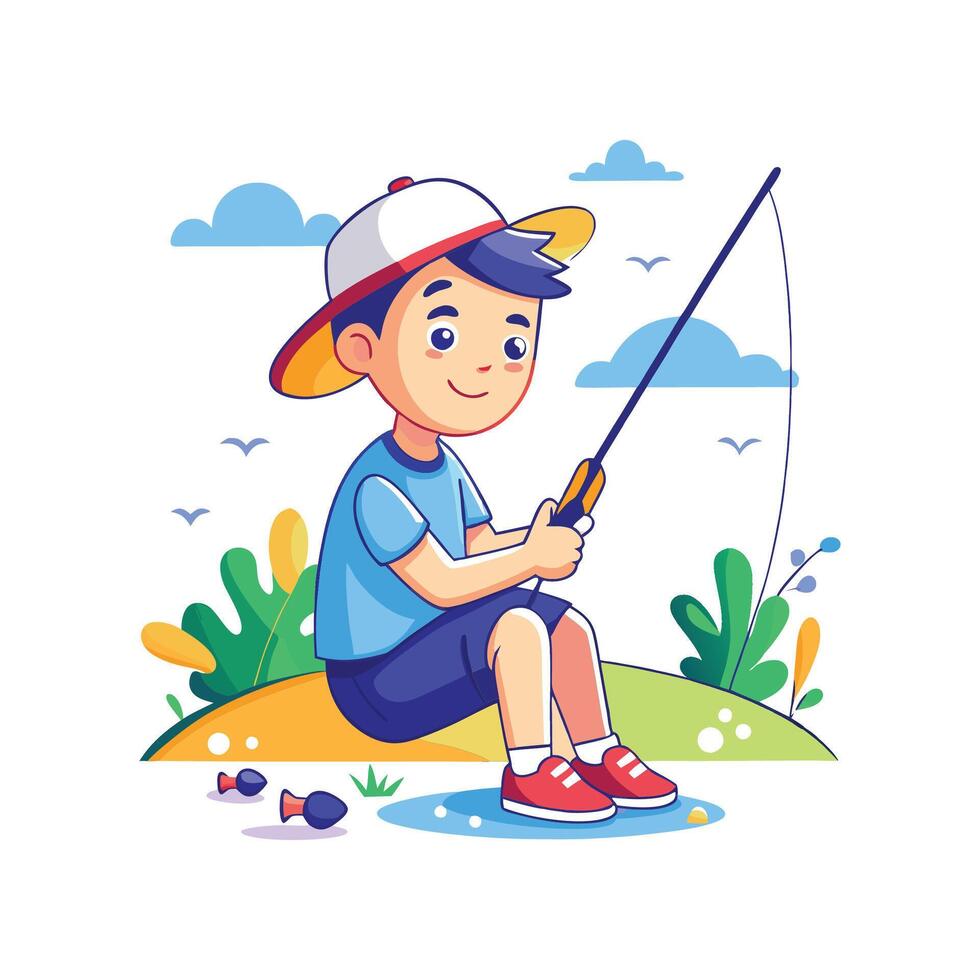 Child Enjoying Fishing by Serene Lake vector