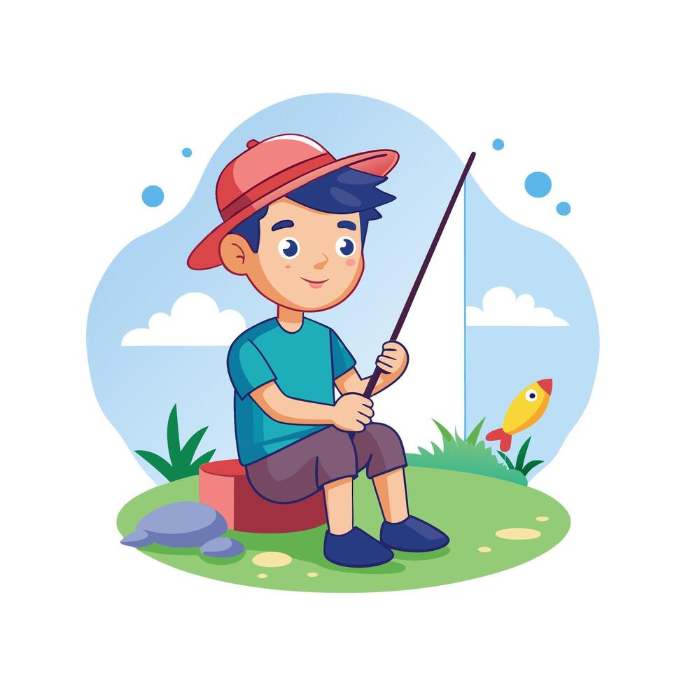 Boy Fishing by the Lake with Delight vector