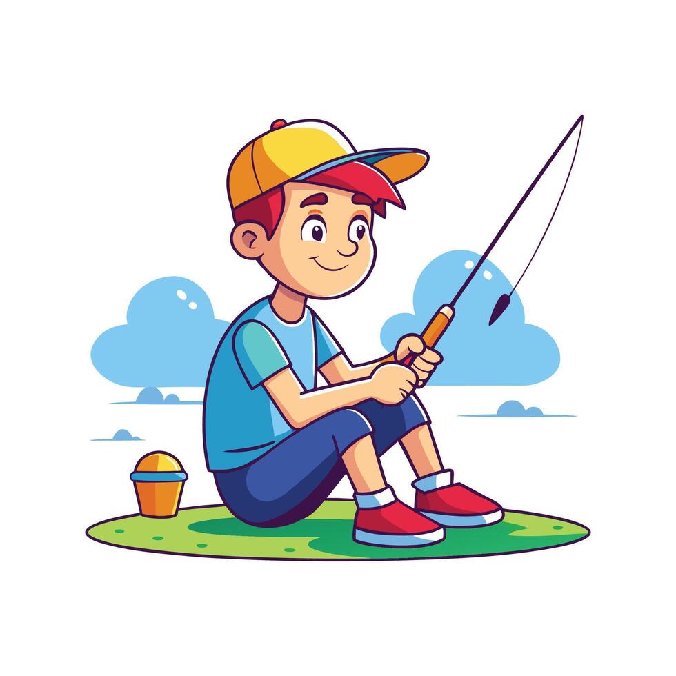 Relaxing Fishing Scene with Boy by Lake vector