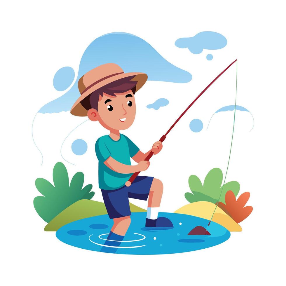 Exciting Fishing Scene of Boy by River vector