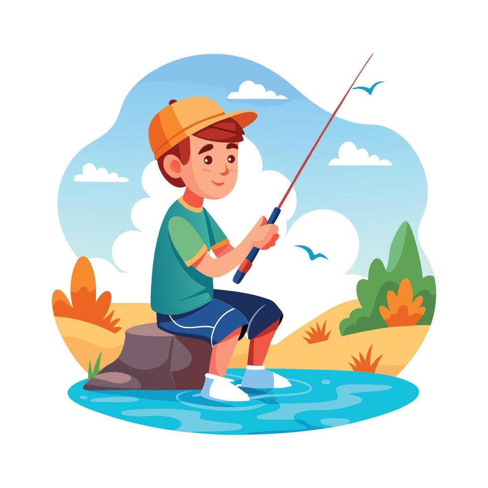 Cheerful Boy Fishing Scene by the River vector