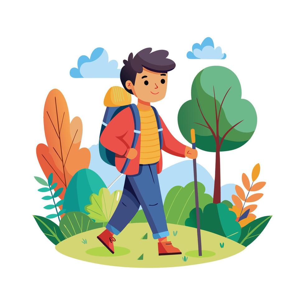 Boy Hiking on a Trail in Nature vector