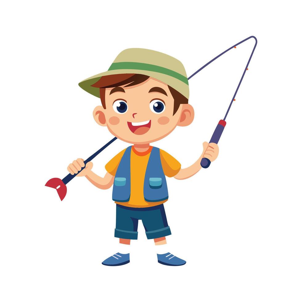 Joyful Boy with Fishing Rod at the Pond vector