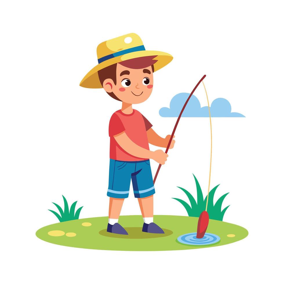 Joyful Boy Standing with Fishing Rod by the Water vector