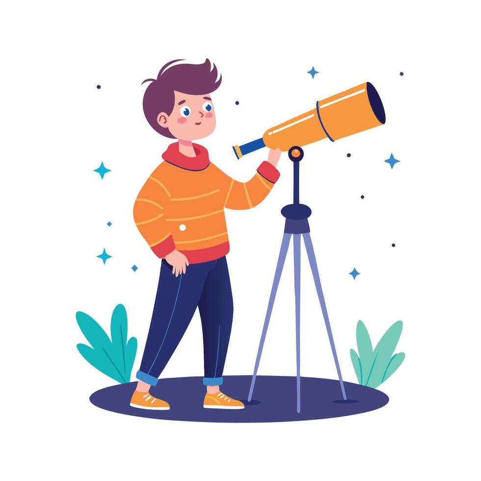 Boy Gazing Through Telescope with Wonder vector