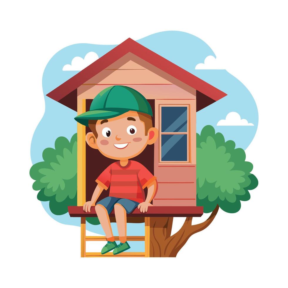 Joyful Boy Sitting in Treehouse with Excitement vector