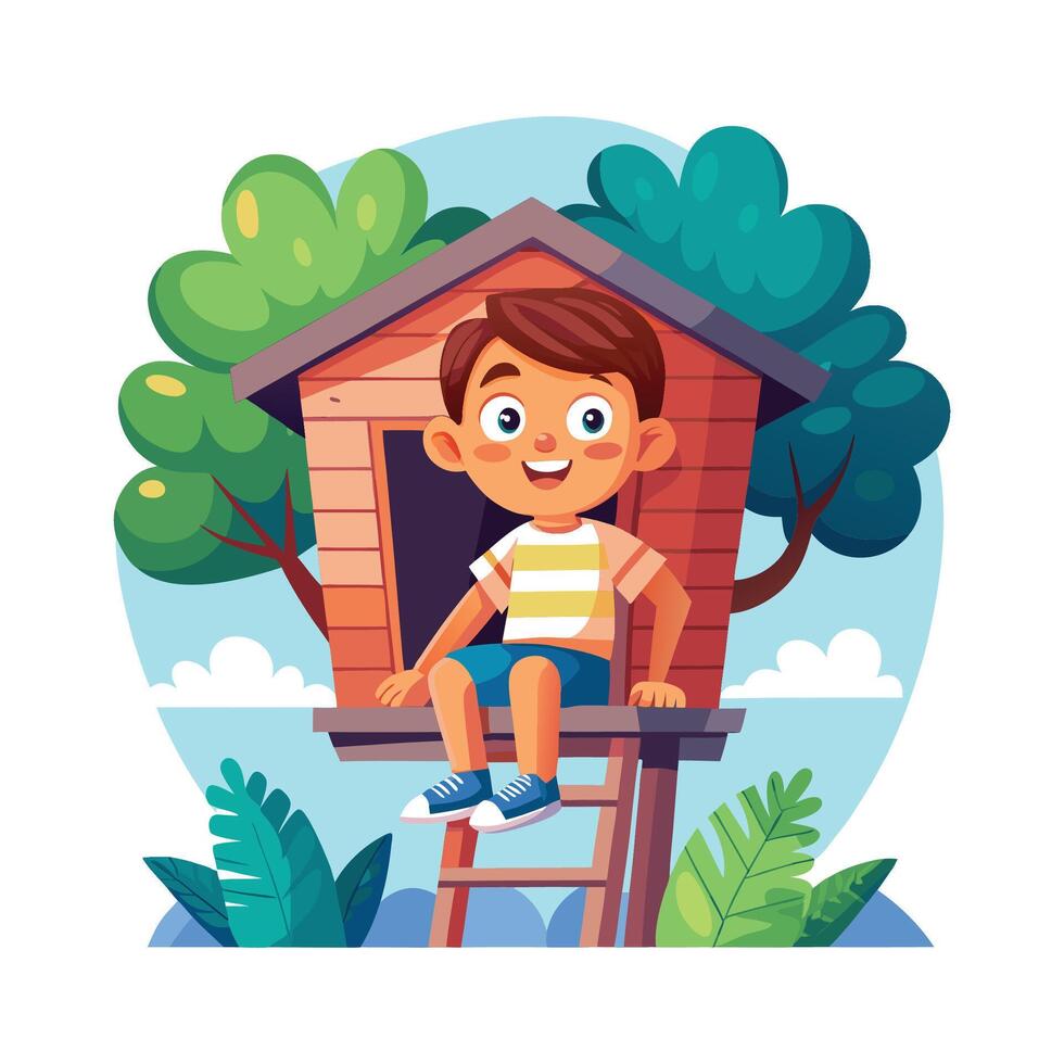 Energetic Boy Sitting in Treehouse with Excitement vector