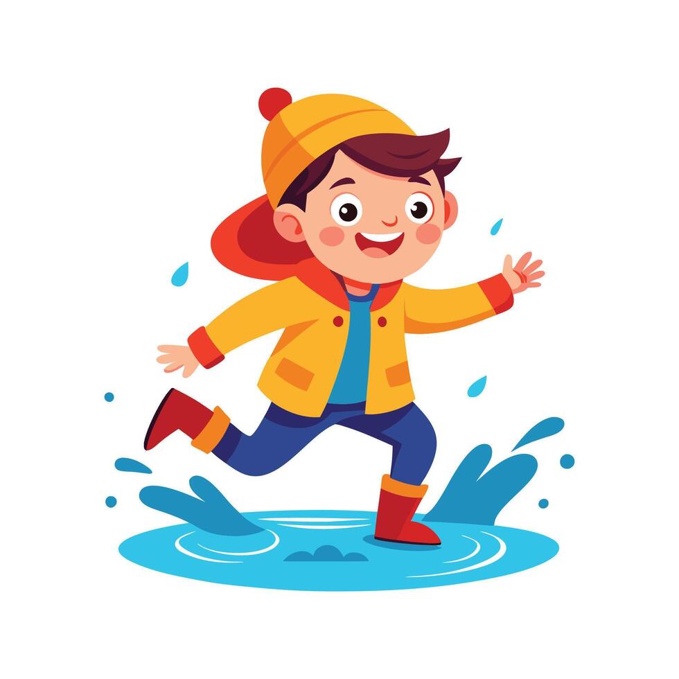 Boy Happily Jumping in Puddles with Joy vector