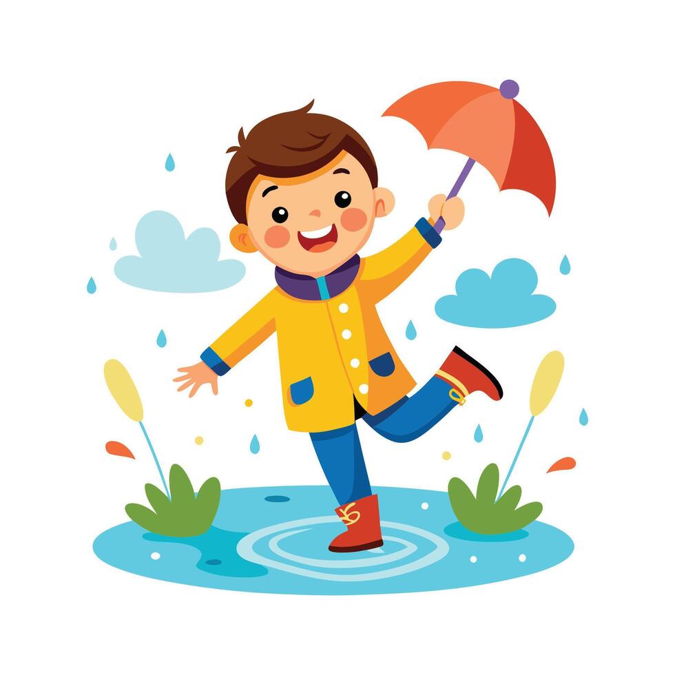 Boy Joyfully Jumping into Puddle with Excitement vector