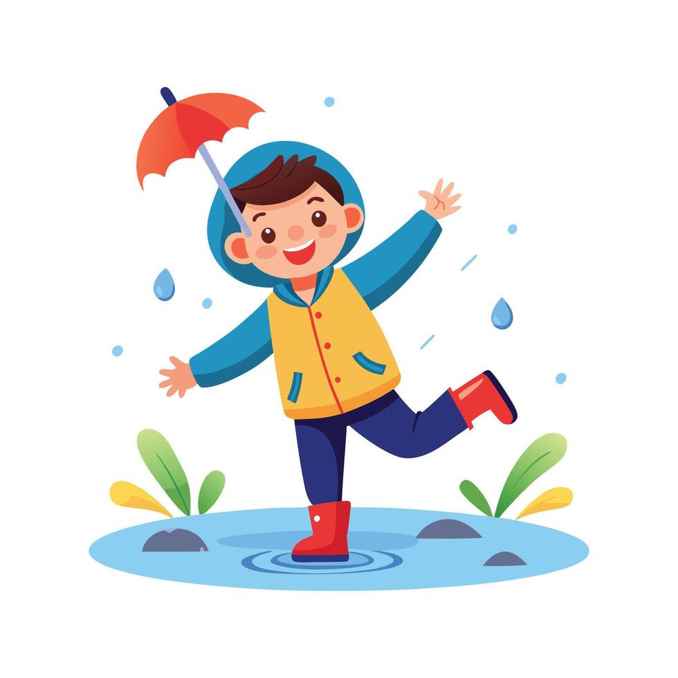 Energetic Boy Jumping into Puddle with Glee vector