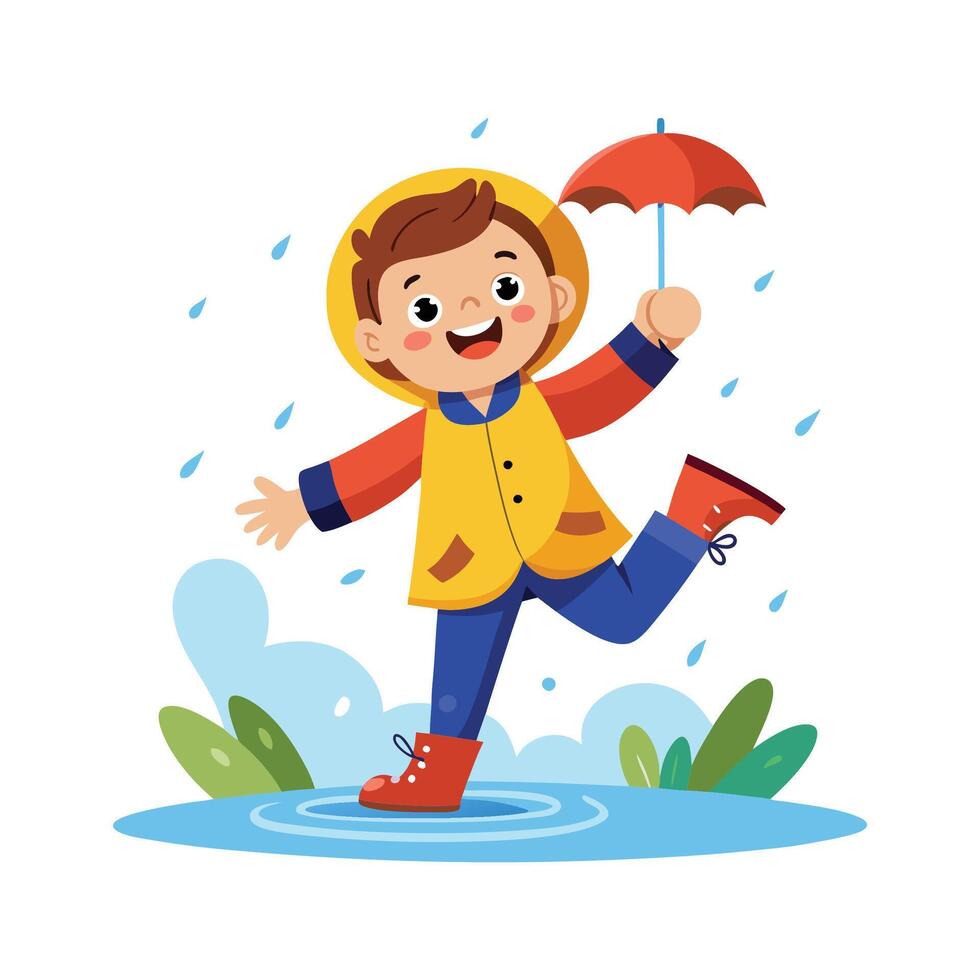 Illustration of Boy Joyfully Jumping into Puddle vector