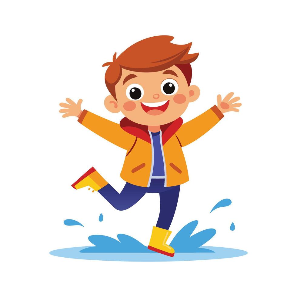 Boy MidAir Jumping into Puddle with Joy vector