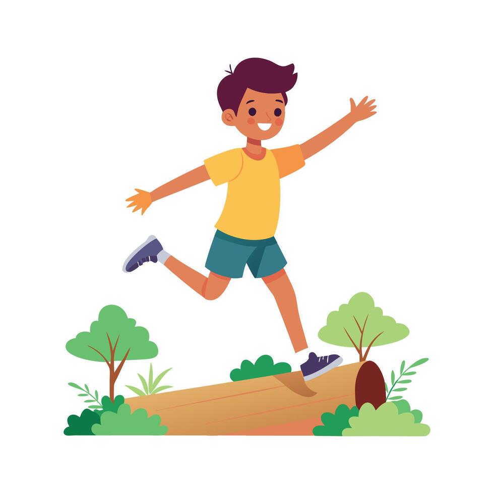 Boy Jumping Over Log with Excitement vector