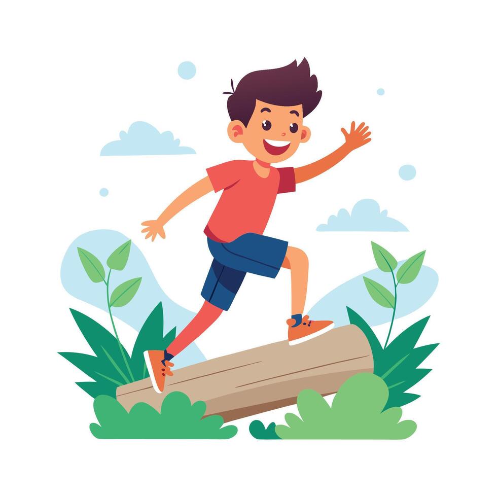 Joyful Boy Jumping Over Log with Excitement vector