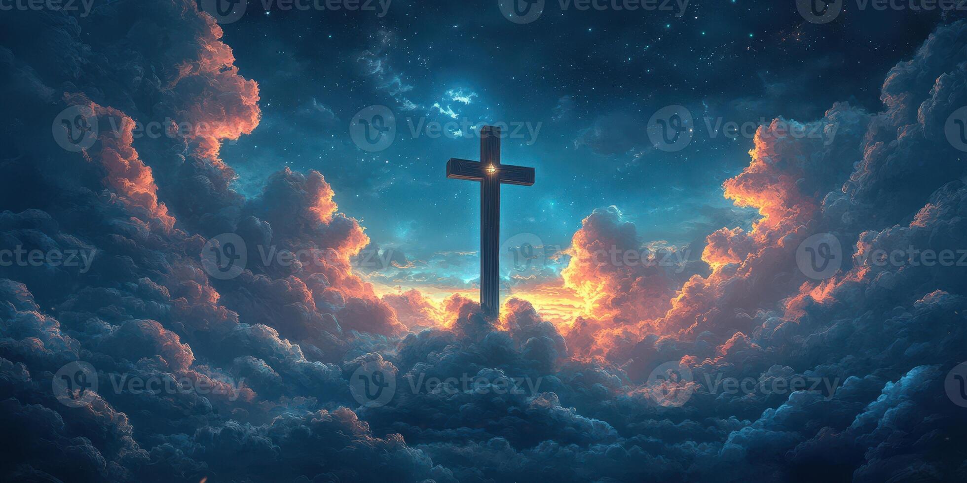 Powerful cross illuminated by dawn light amidst vibrant clouds in a serene sky photo