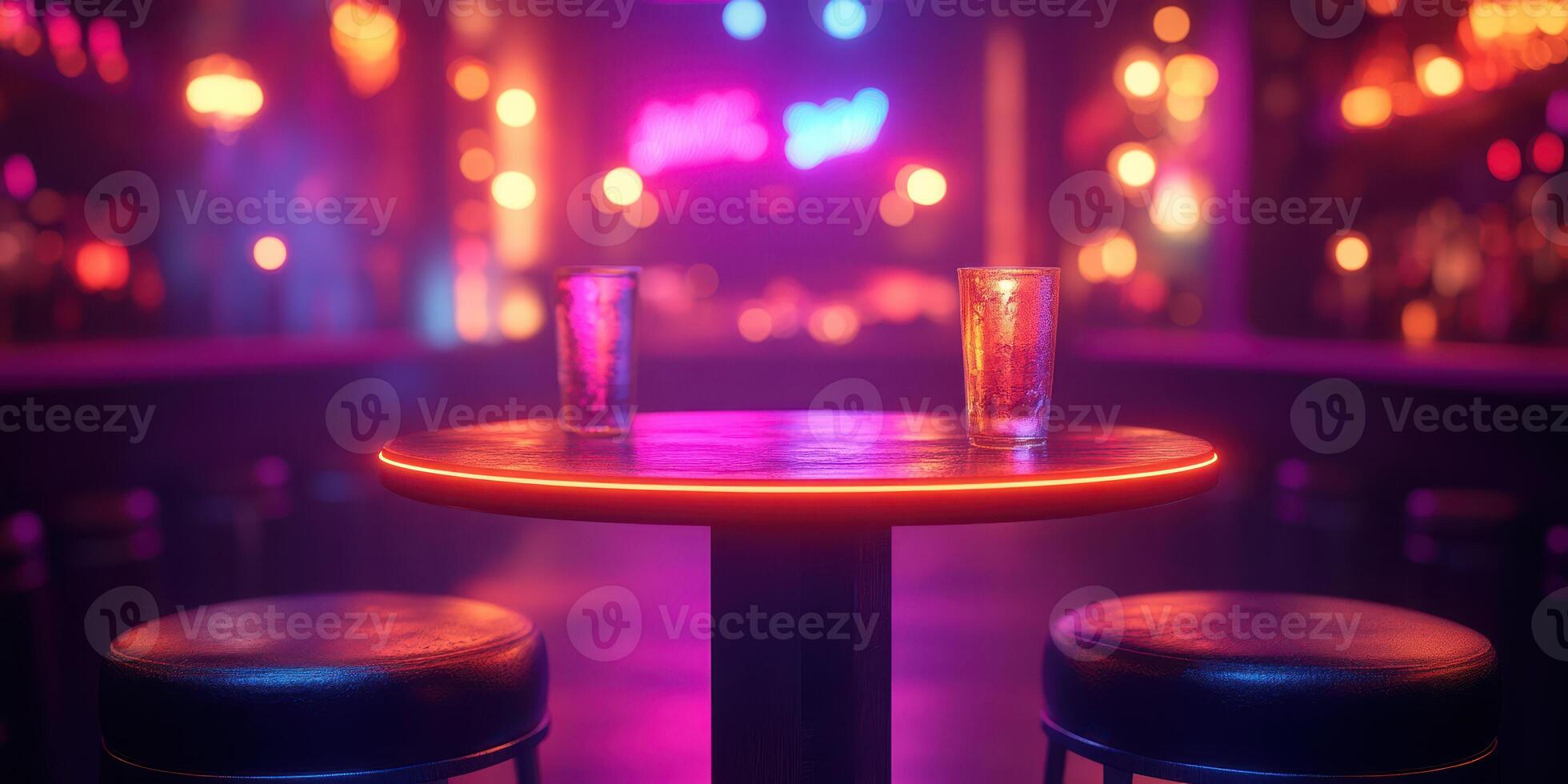Cozy bar table with glowing edge and empty glasses amid vibrant nightlife atmosphere photo