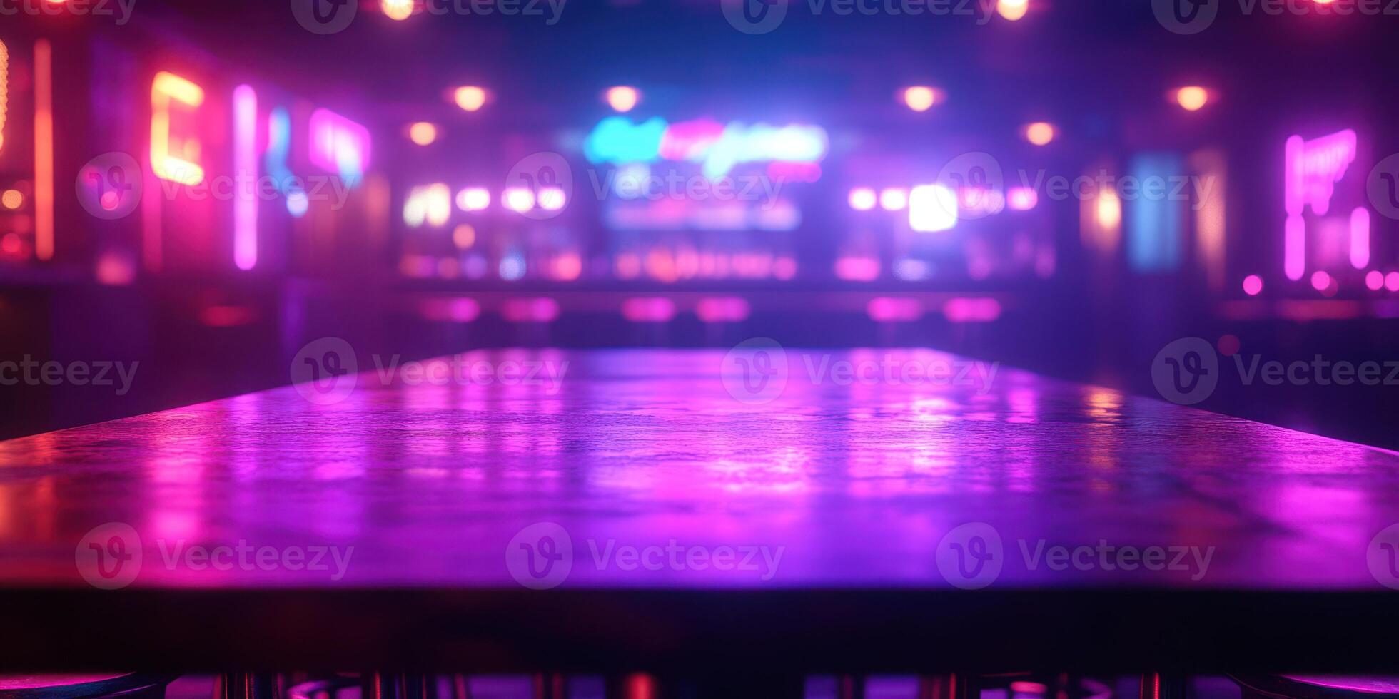 Vibrant neon-lit bar interior with reflections on a polished table surface photo