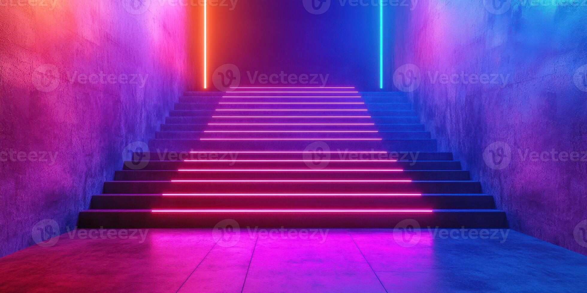 Colorful stairway with neon lights creating a vibrant atmosphere in an urban setting during the evening photo