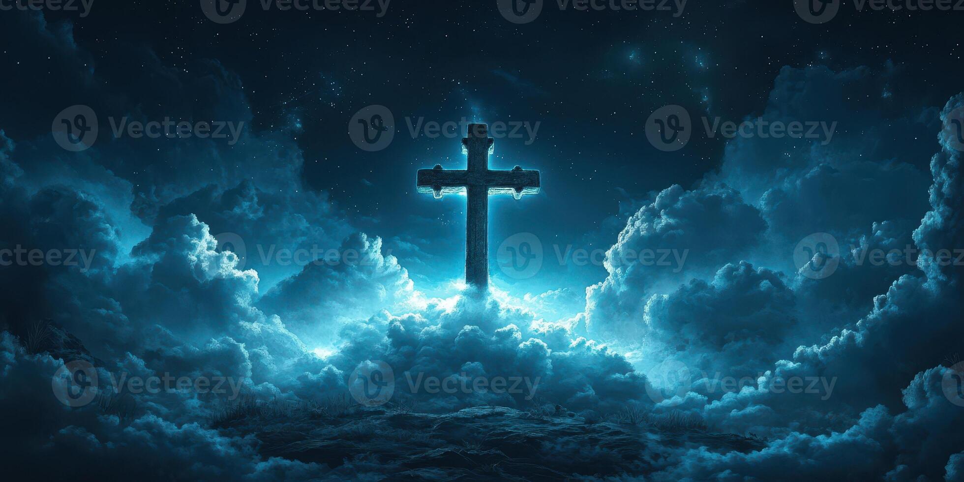 Cross illuminated in a mystical night sky filled with clouds and stars creating a serene spiritual atmosphere photo
