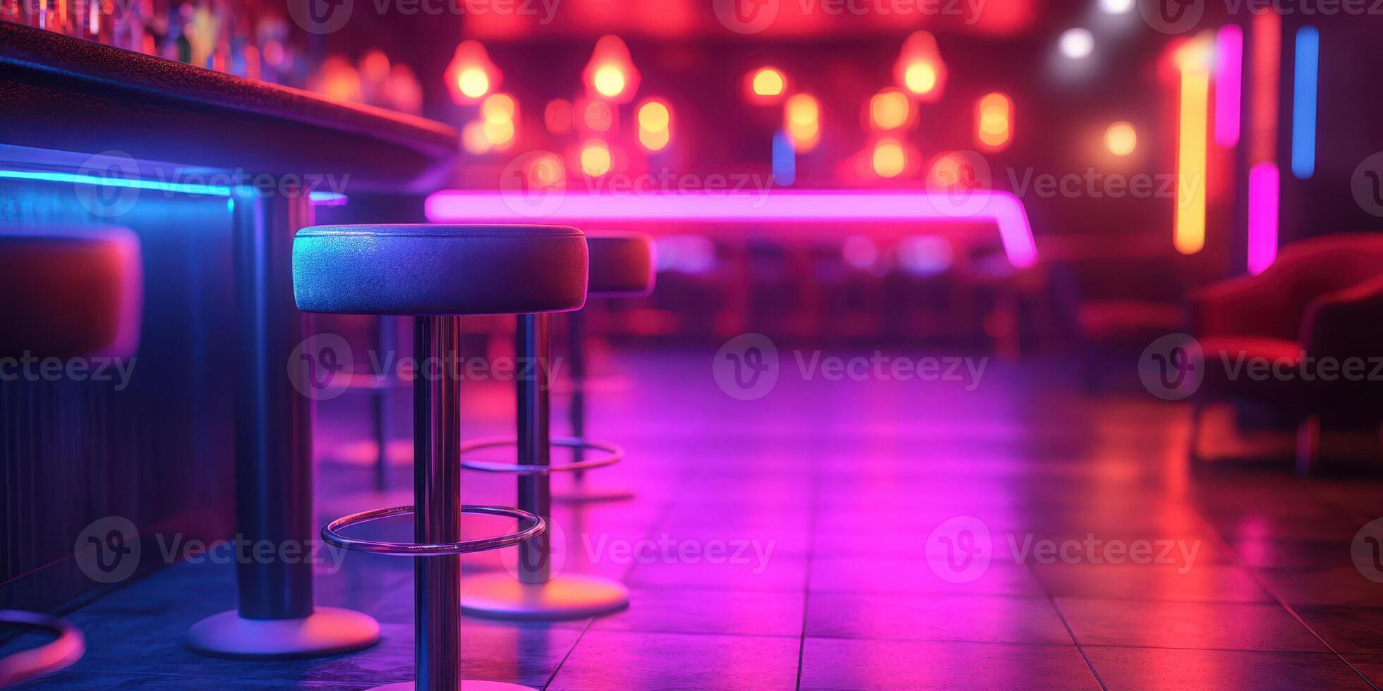 Vibrant interior of a trendy bar with neon lights and inviting seating at night photo