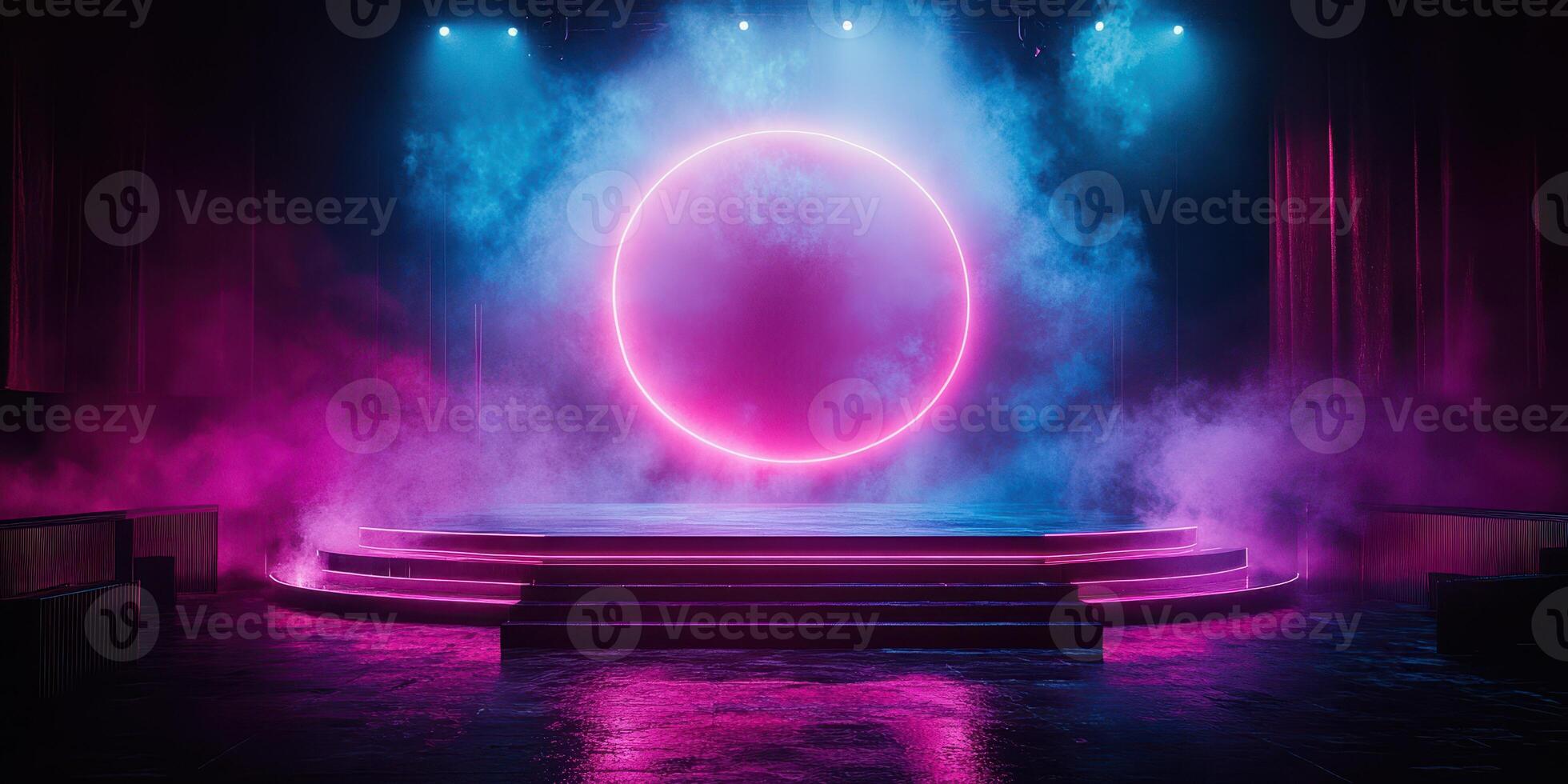 Vibrant neon stage design featuring circular light display and colorful fog in a performance space photo