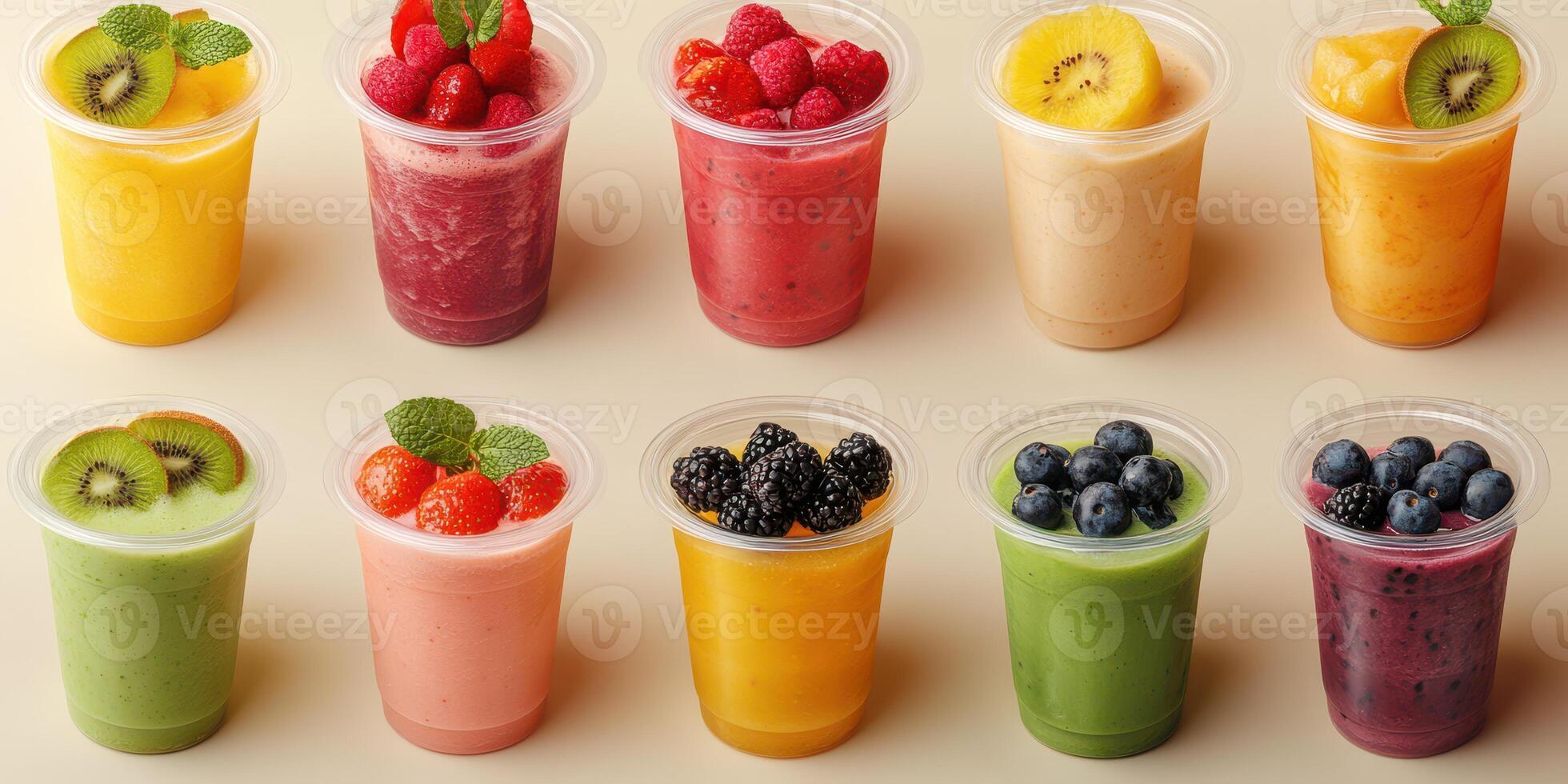 Colorful assortment of fresh fruit smoothies displayed in clear cups on a neutral background photo