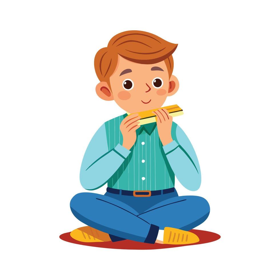 Joyful Boy Holding Harmonica and Playing vector