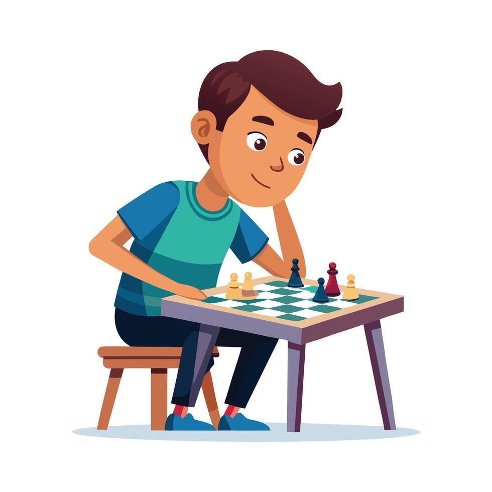 Creative Boy Sitting at Chess Table Thinking vector