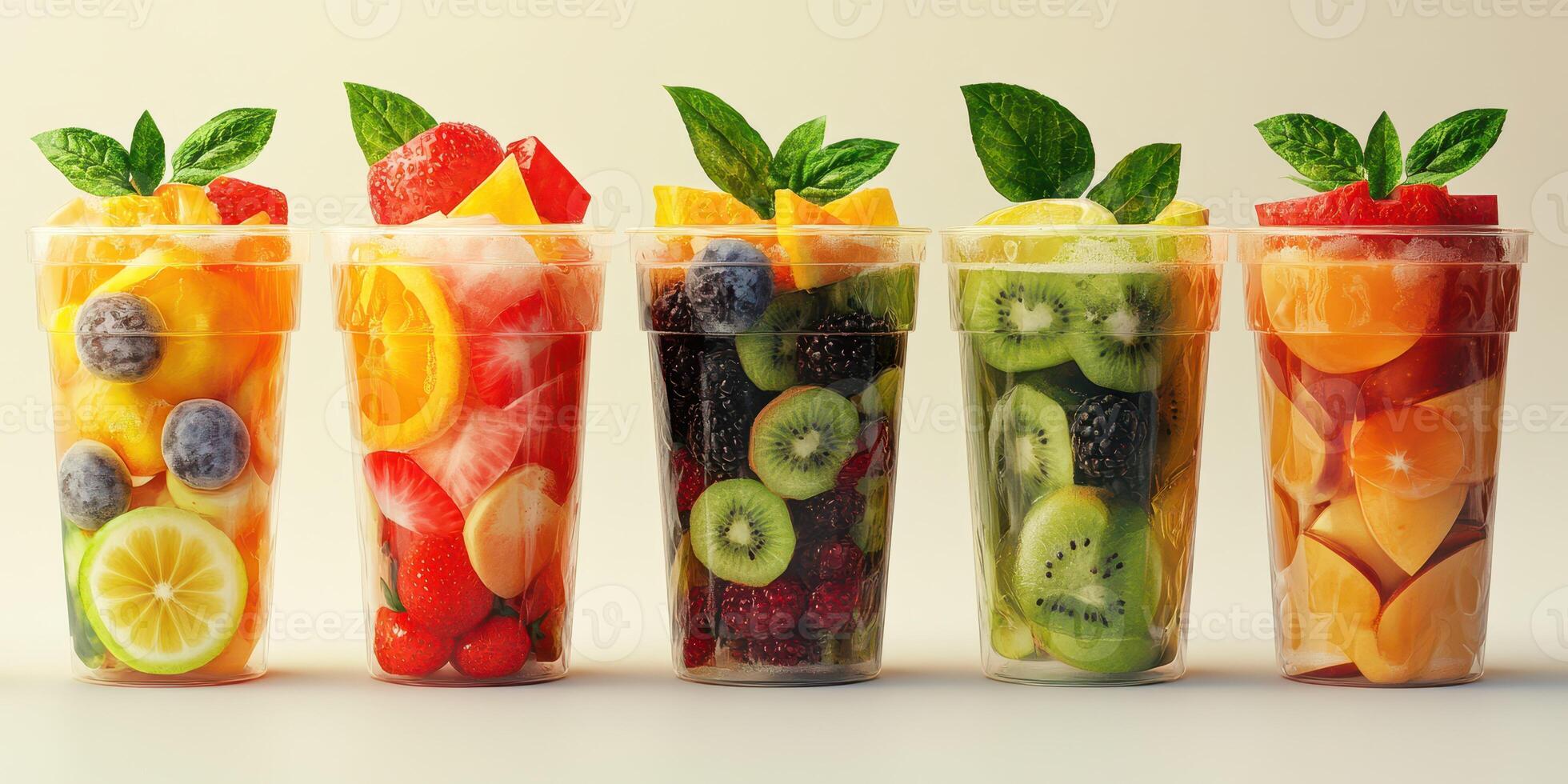 Colorful fruit cups showcase a vibrant assortment of fresh ingredients in a healthy dessert display photo
