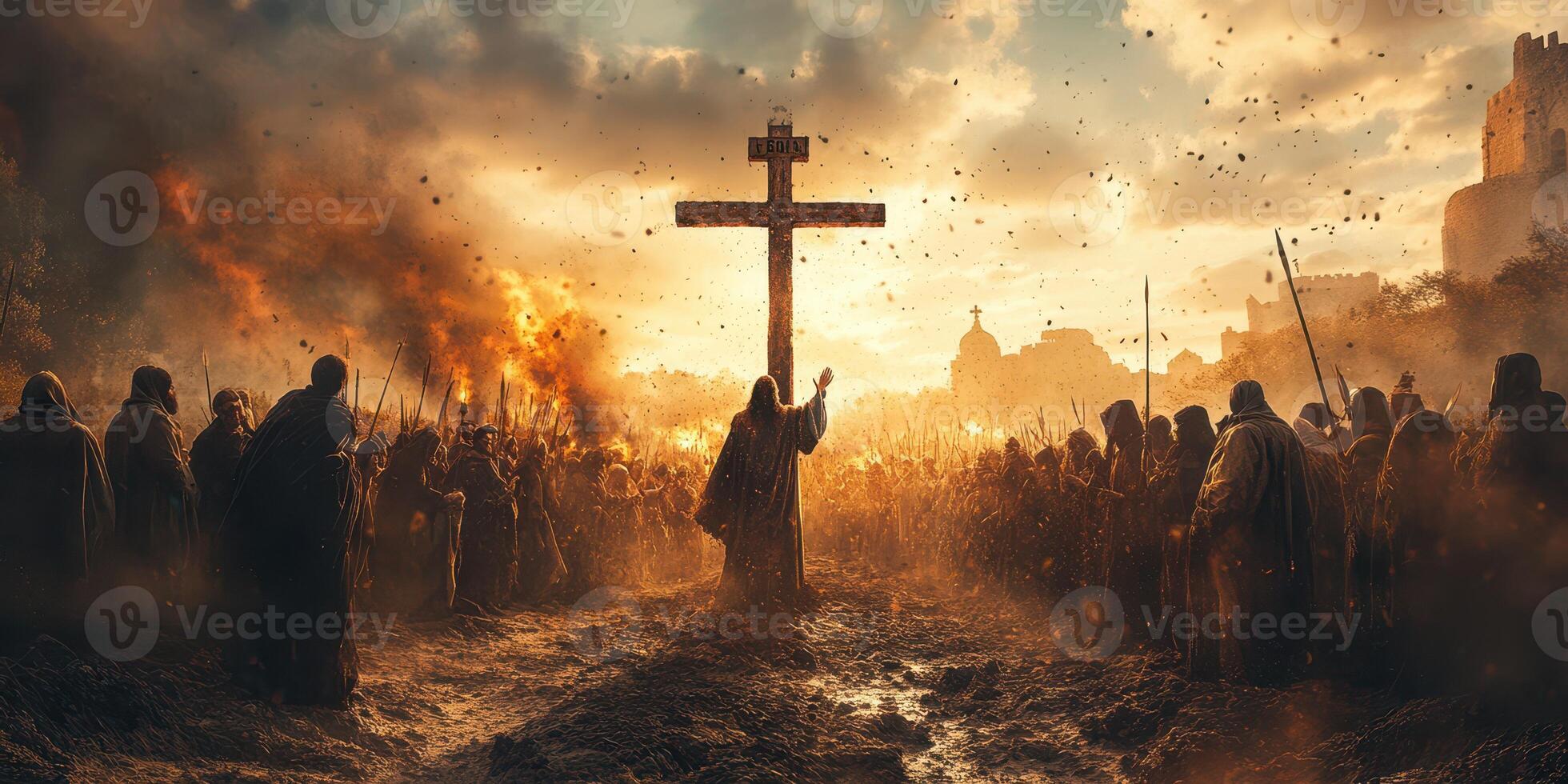 Dramatic moment of a leader addressing followers amidst a chaotic medieval battle at sunset photo