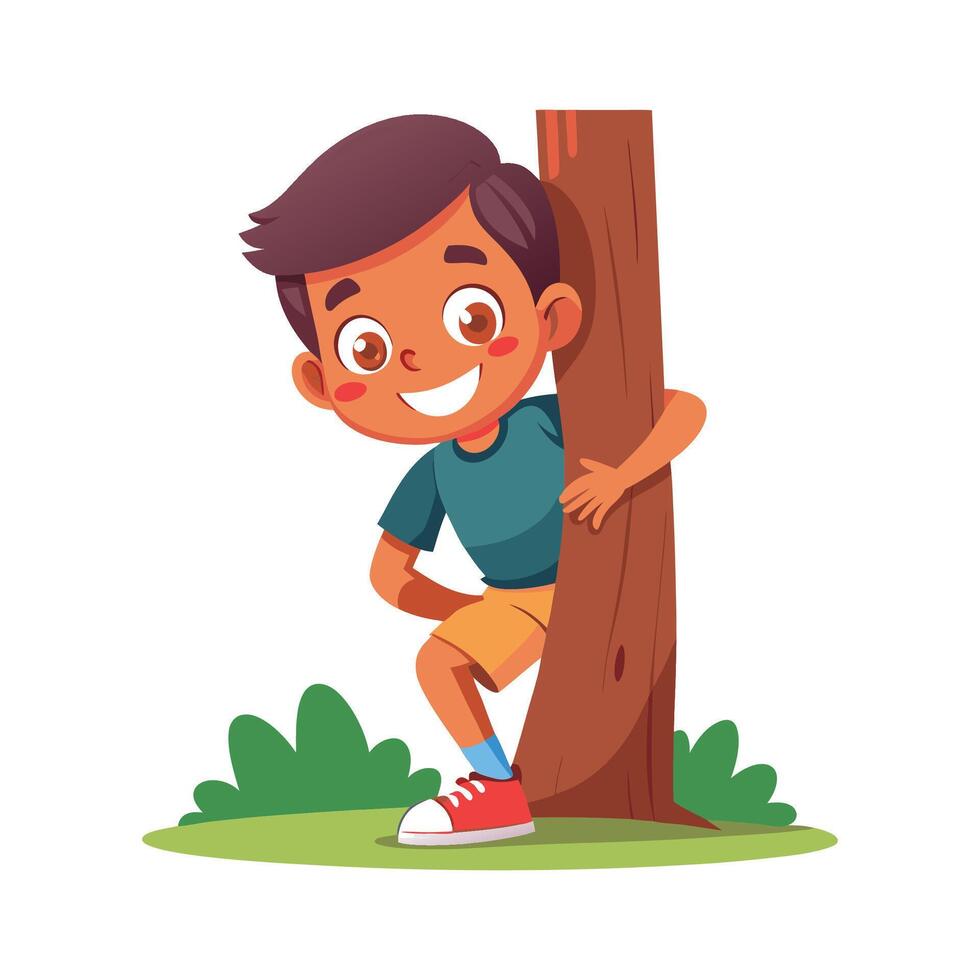 Young Boy Crouching During Hide and Seek vector
