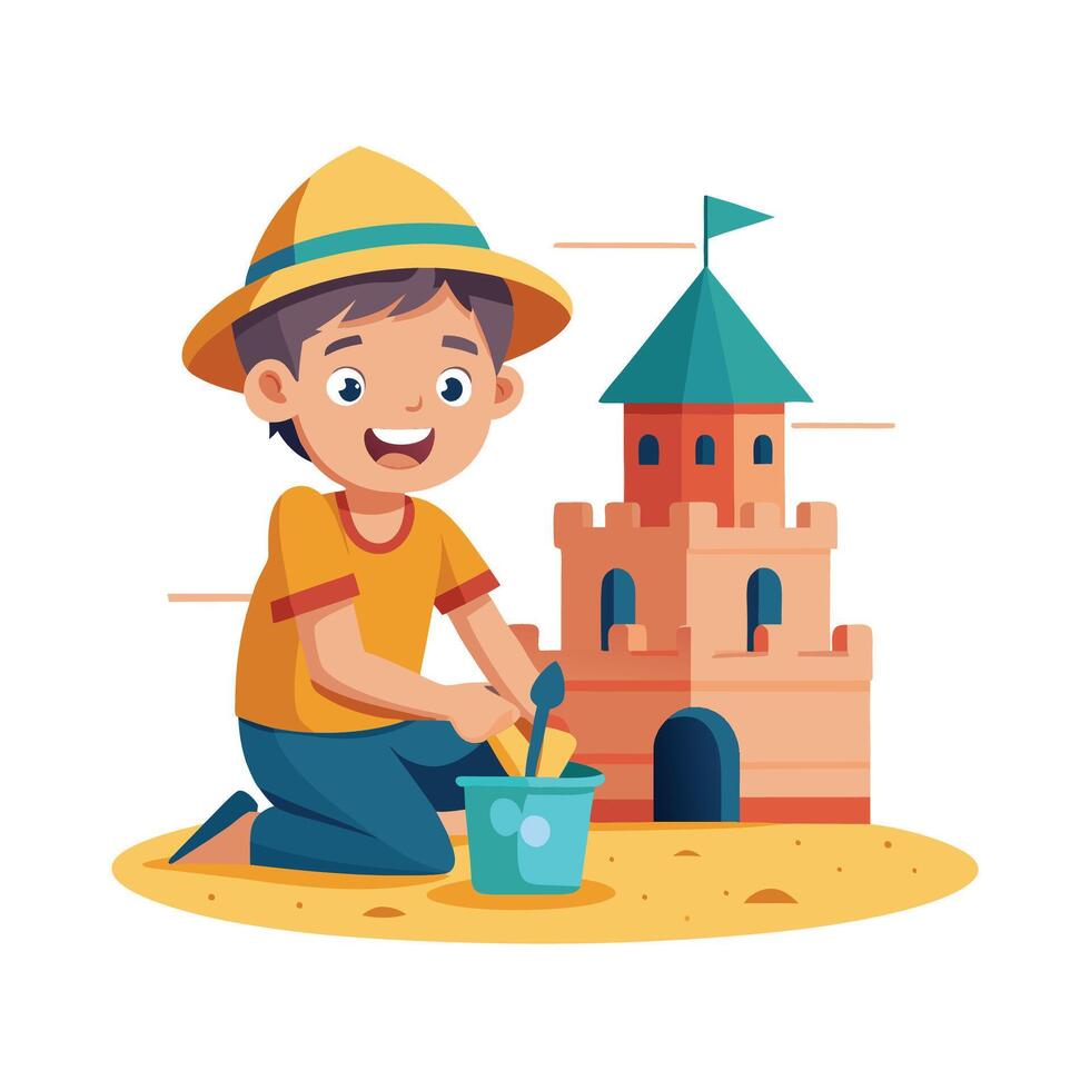Scene of Boy Engaged in Sandbox Play vector