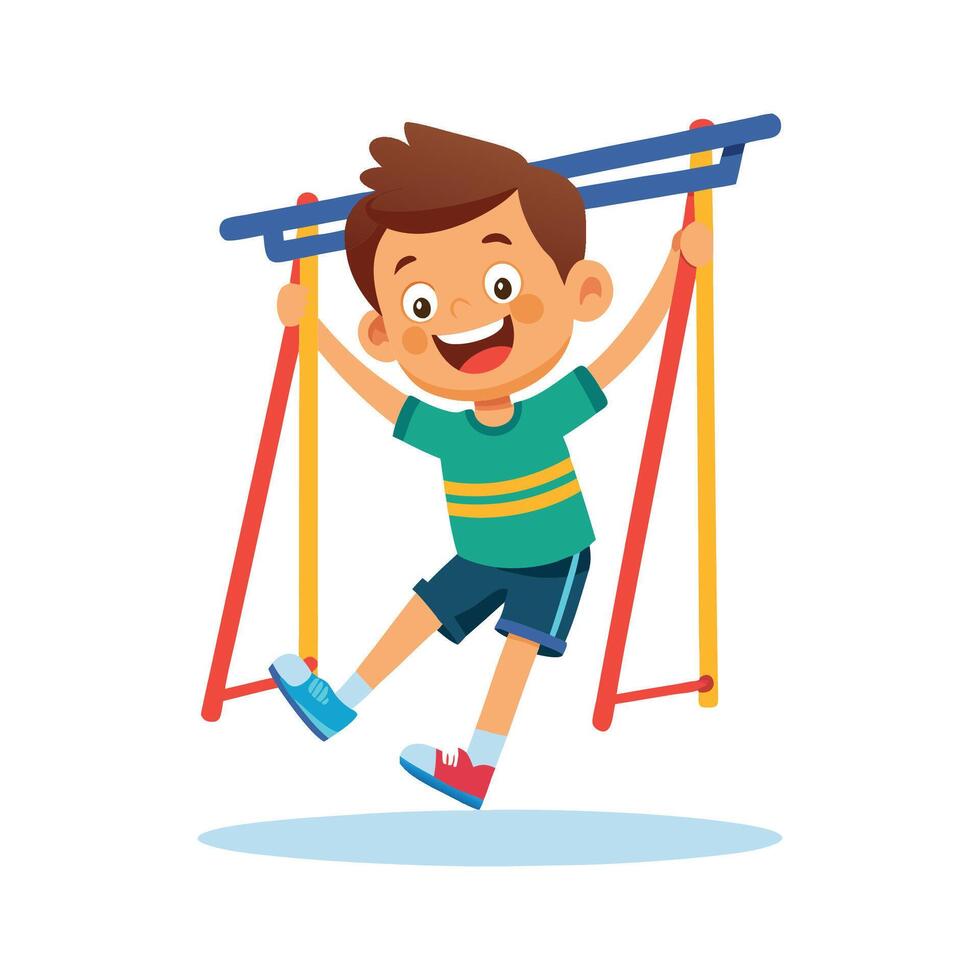 Young Boy Enjoying Swinging on Jungle Gym vector