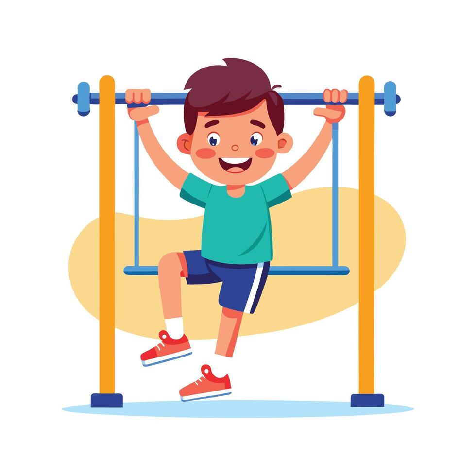 Scene of Boy Swinging Joyfully on Jungle Gym vector