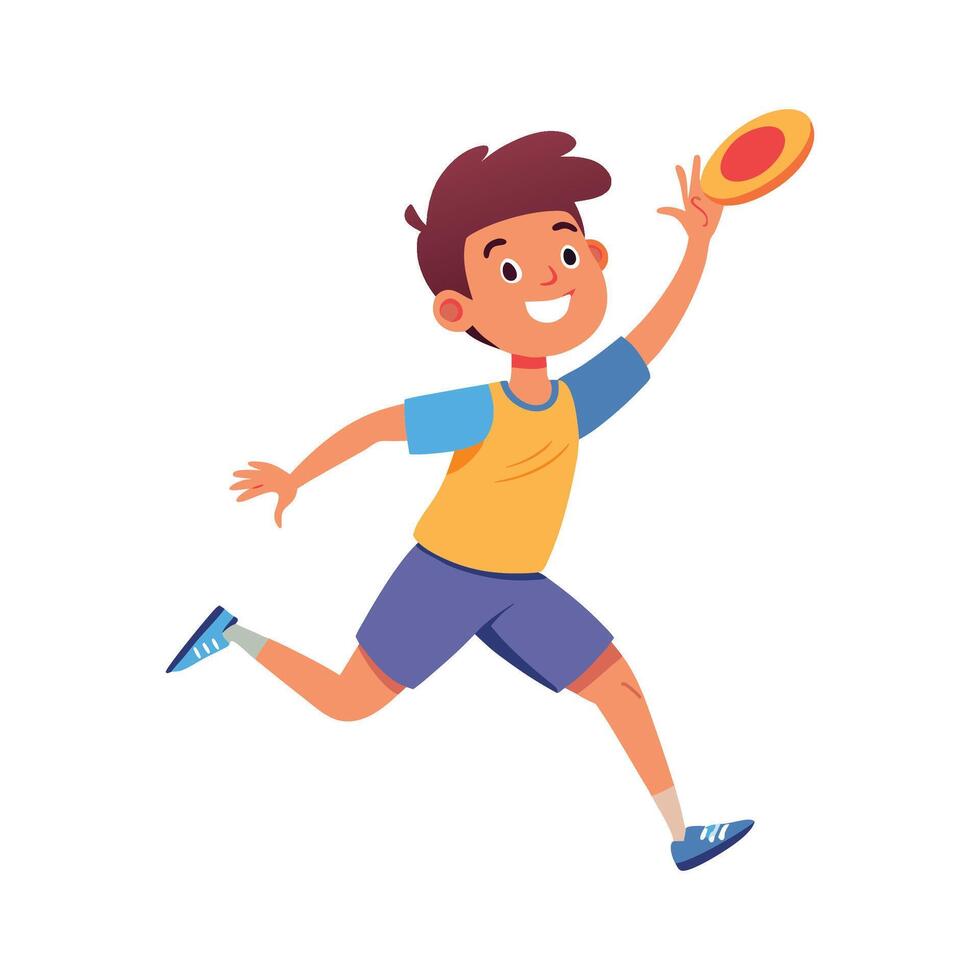 Boy Joyfully Tossing a Frisbee Outdoors vector