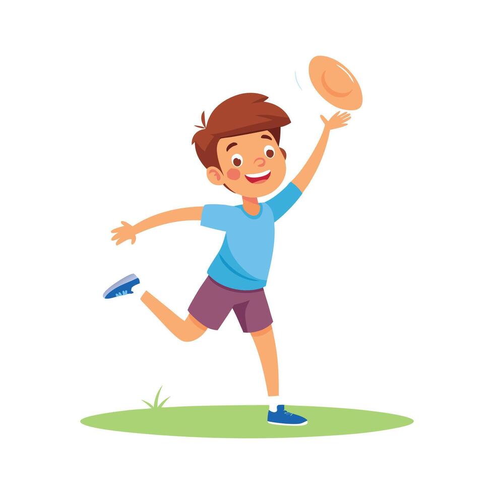 Boy Joyfully Tossing Frisbee Outdoors vector
