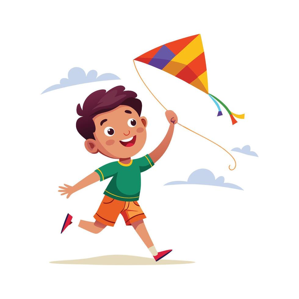 Boy Enthusiastically Flying with a Kite vector