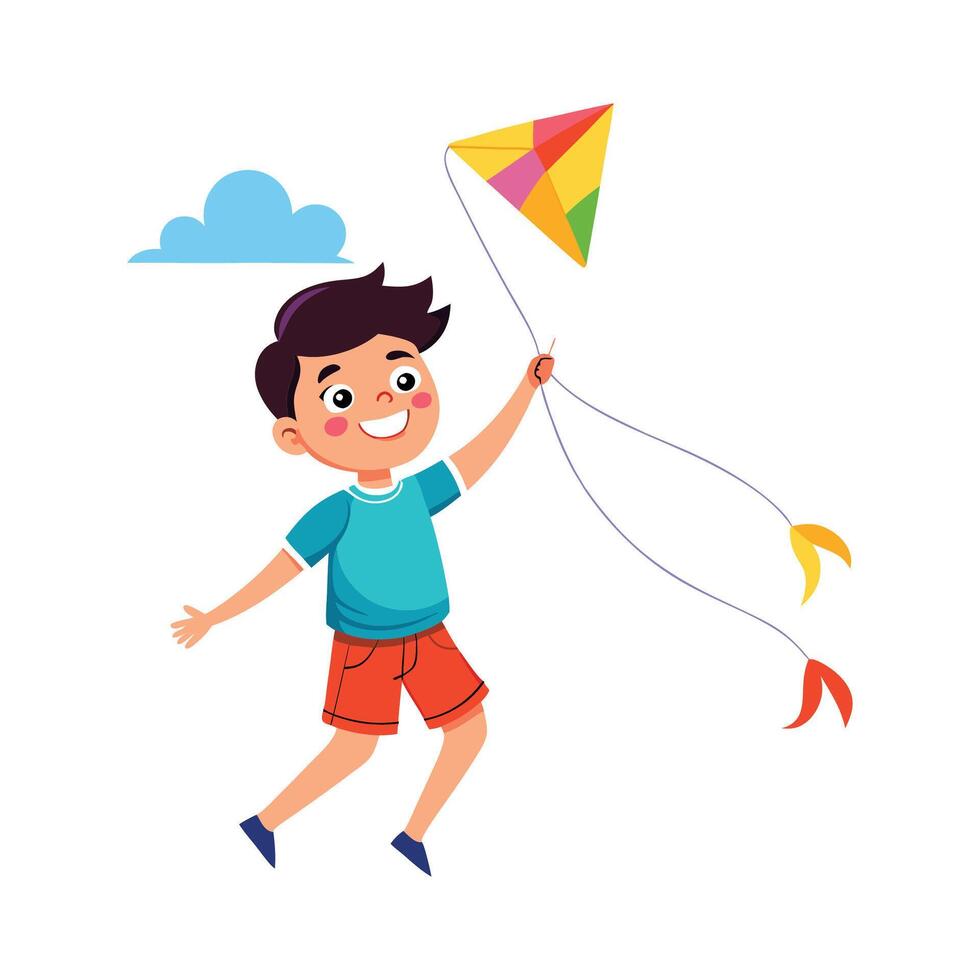 Boy Enthusiastically Flying with a Kite. vector