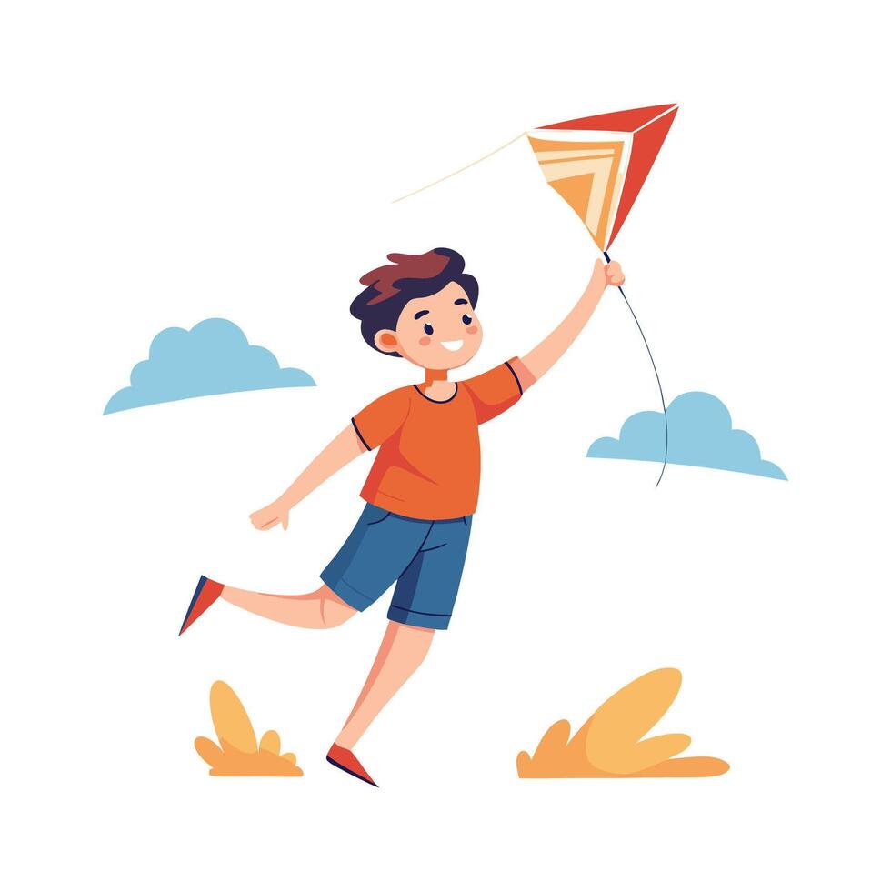 Boy Flying a Colorful Kite with Joy. vector